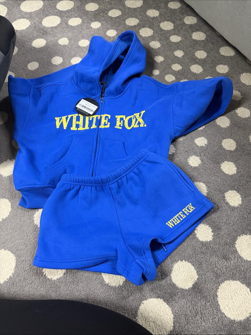 White Fox Boutique Royal Blue Zip Hoodie & Shorts Set with Yellow Logo